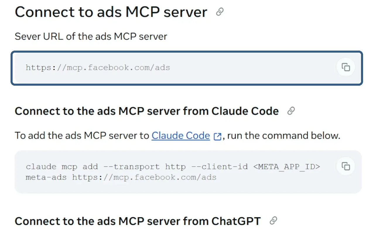 صفحة Meta للمطورين تحت عنوان Connect to ads MCP server وعليها دايرة حوالين الرابط https://mcp.facebook.com/ads