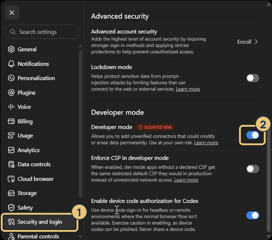 إعدادات ChatGPT وعليها رقمين: 1 حول Security and login في القايمة، و2 حول زرار تشغيل Developer mode