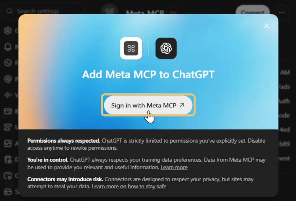نافذة Add Meta MCP to ChatGPT وعليها دايرة حوالين زرار Sign in with Meta MCP
