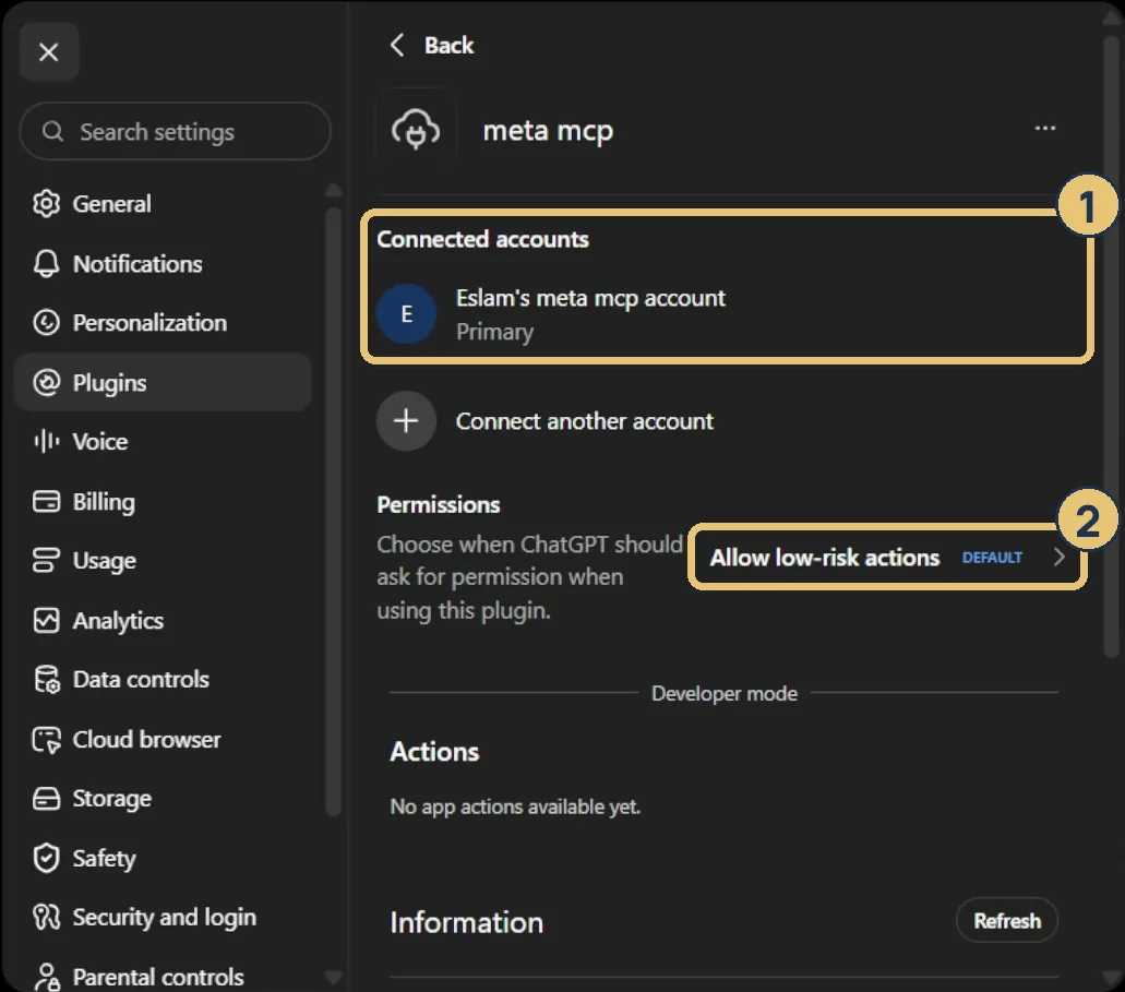 إعدادات الـ plugin في ChatGPT وعليها رقمين: 1 حول Connected accounts وتحتها الحساب المتوصل، و2 حول Allow low-risk actions تحت Permissions