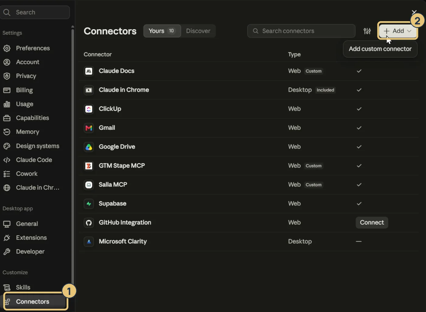 صفحة Connectors في إعدادات Claude وعليها رقمين: 1 حول Connectors في القايمة، و2 حول زرار Add وتحته Add custom connector