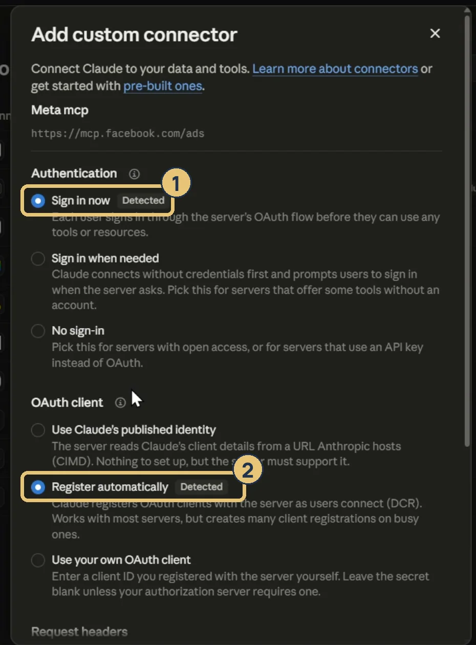 إعدادات الدخول في Add custom connector وعليها رقمين: 1 حول Sign in now ومعاها Detected، و2 حول Register automatically ومعاها Detected