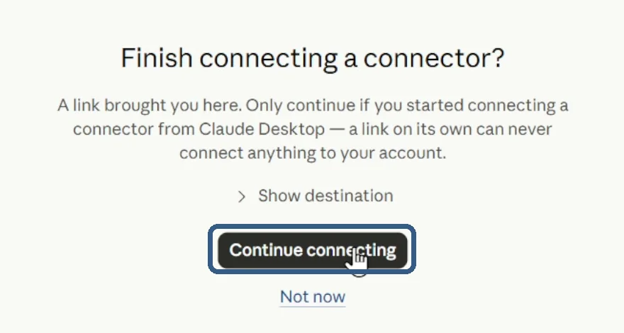 صفحة Finish connecting a connector في المتصفح وعليها دايرة حوالين زرار Continue connecting